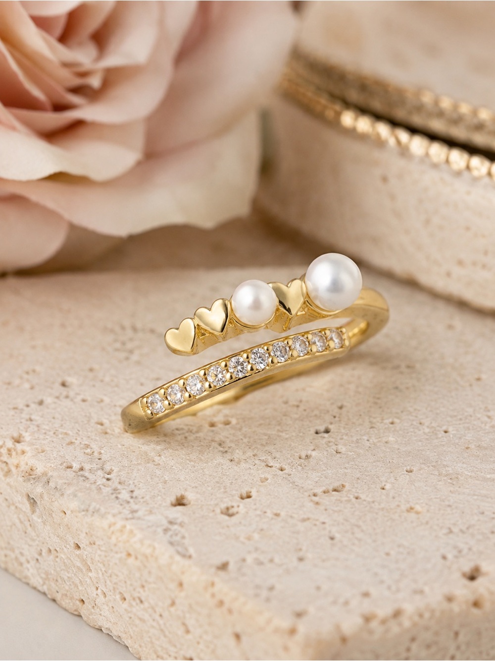 Faux Pearl Heart & Cubic Zirconia Bypass Ring
